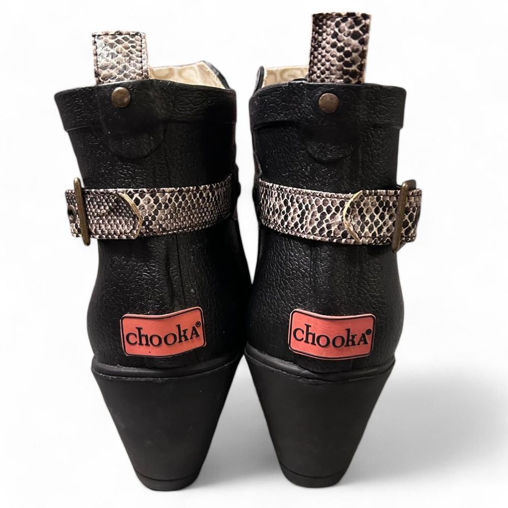 Chooka Black Wedge Rain Boots with Snake Print Strap Waterproof Ankle Booties - Haute Poppy