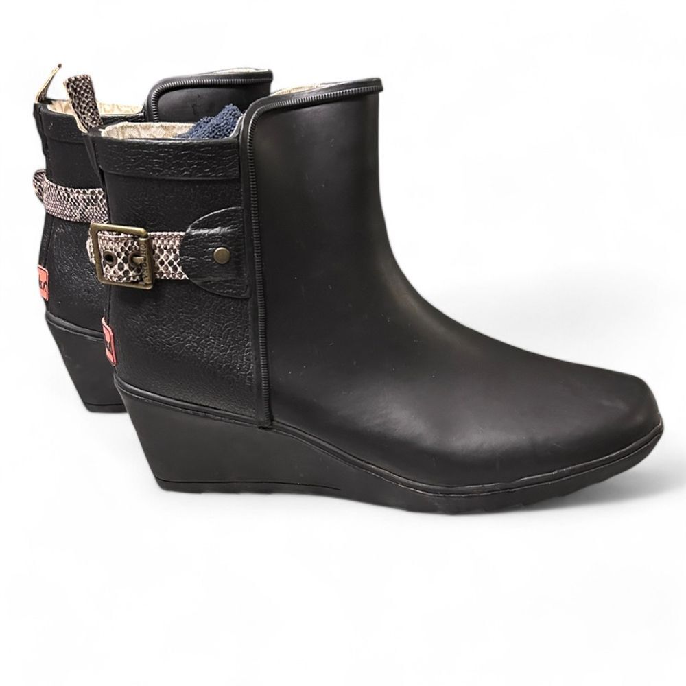 Chooka Black Wedge Rain Boots with Snake Print Strap Waterproof Ankle Booties - Haute Poppy