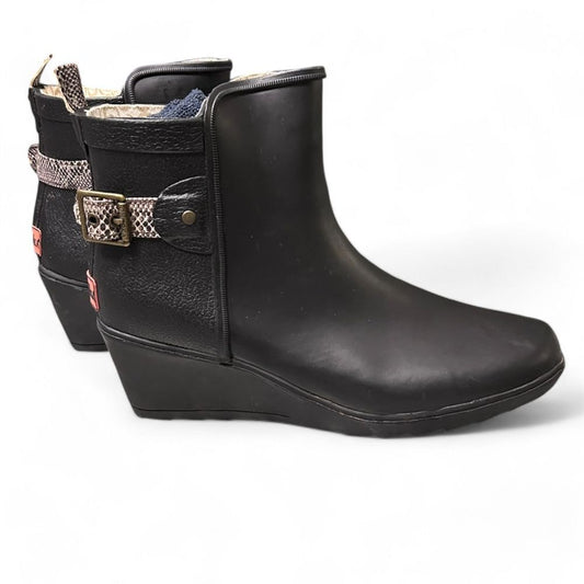 Chooka Black Wedge Rain Boots with Snake Print Strap Waterproof Ankle Booties - Haute Poppy
