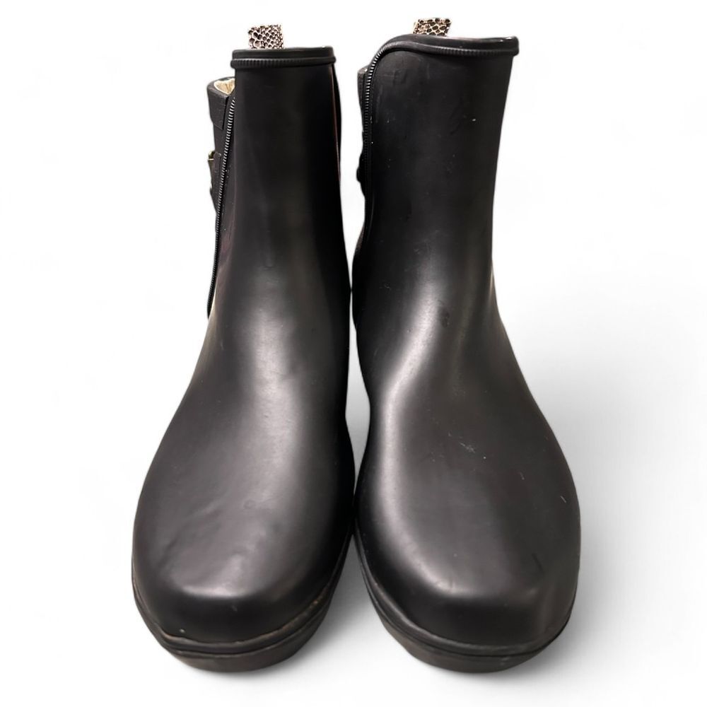 Chooka Black Wedge Rain Boots with Snake Print Strap Waterproof Ankle Booties - Haute Poppy
