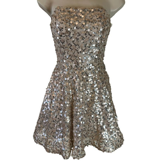 Crystal Doll Champagne Sequin Strapless Party Cocktail Dress - Haute Poppy