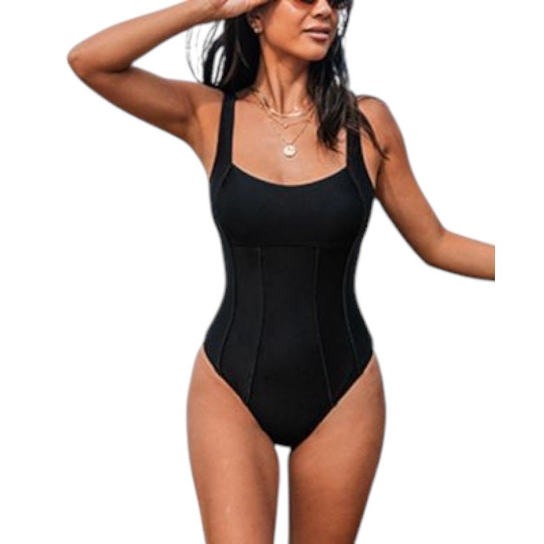 CUPSHE Atlantis Square Neck Black One Piece Swimsuit Padded Bathing Suit - Haute Poppy