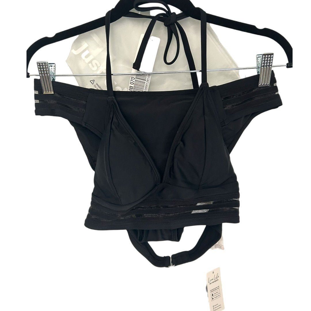 CUPSHE Tri Mesh Black Bikini Set Halter Top Cut Out Lined Beach - Haute Poppy