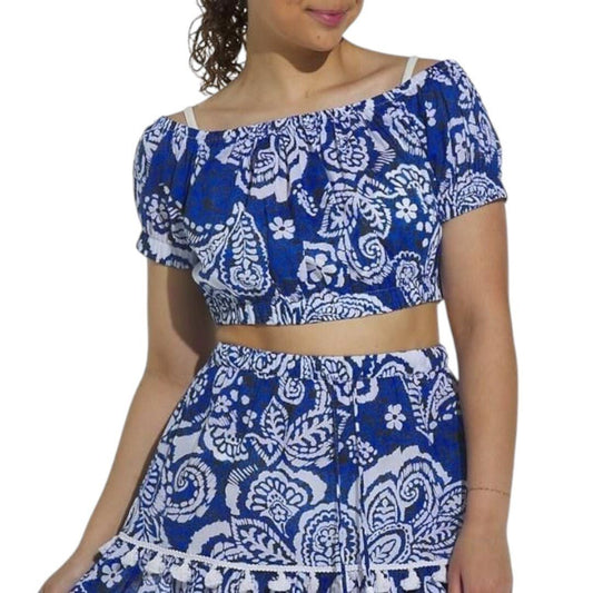 Dotti Crop Top Paisley Swim Cover up Blue/White - Haute Poppy