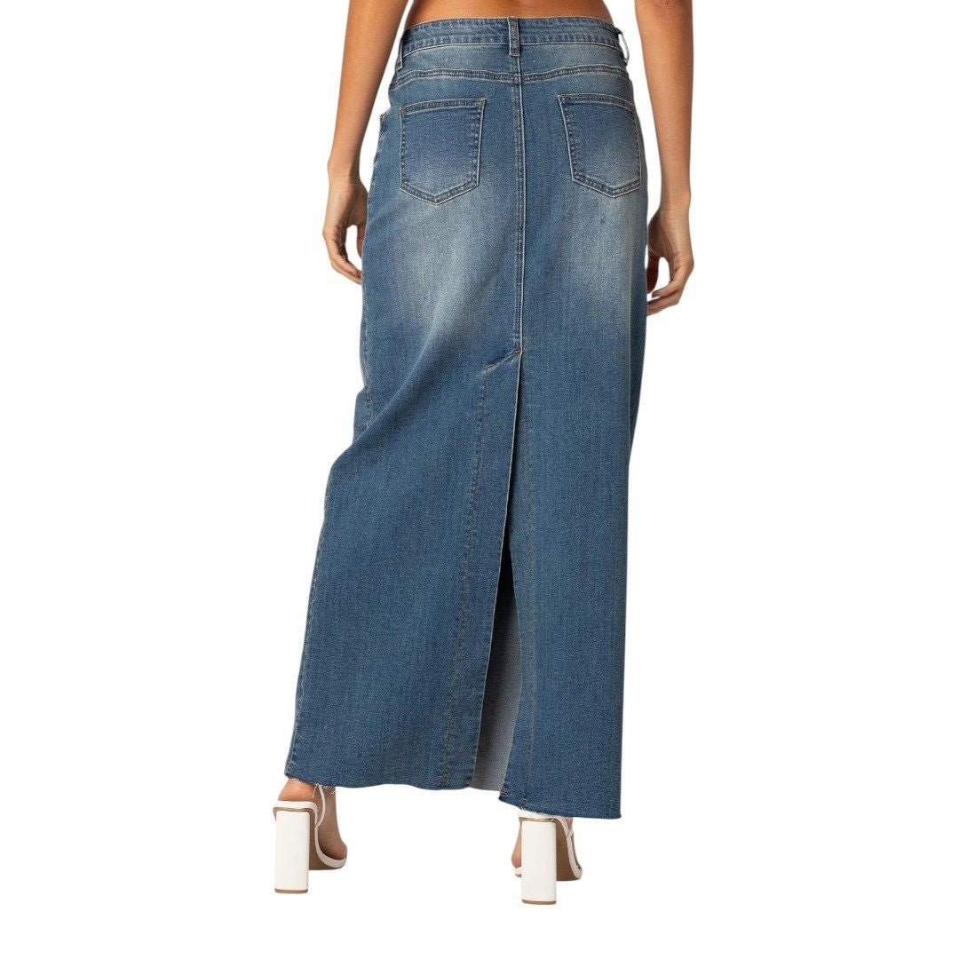 Edikted Elowyn Slitted Denim Maxi Skirt Blue - Haute Poppy