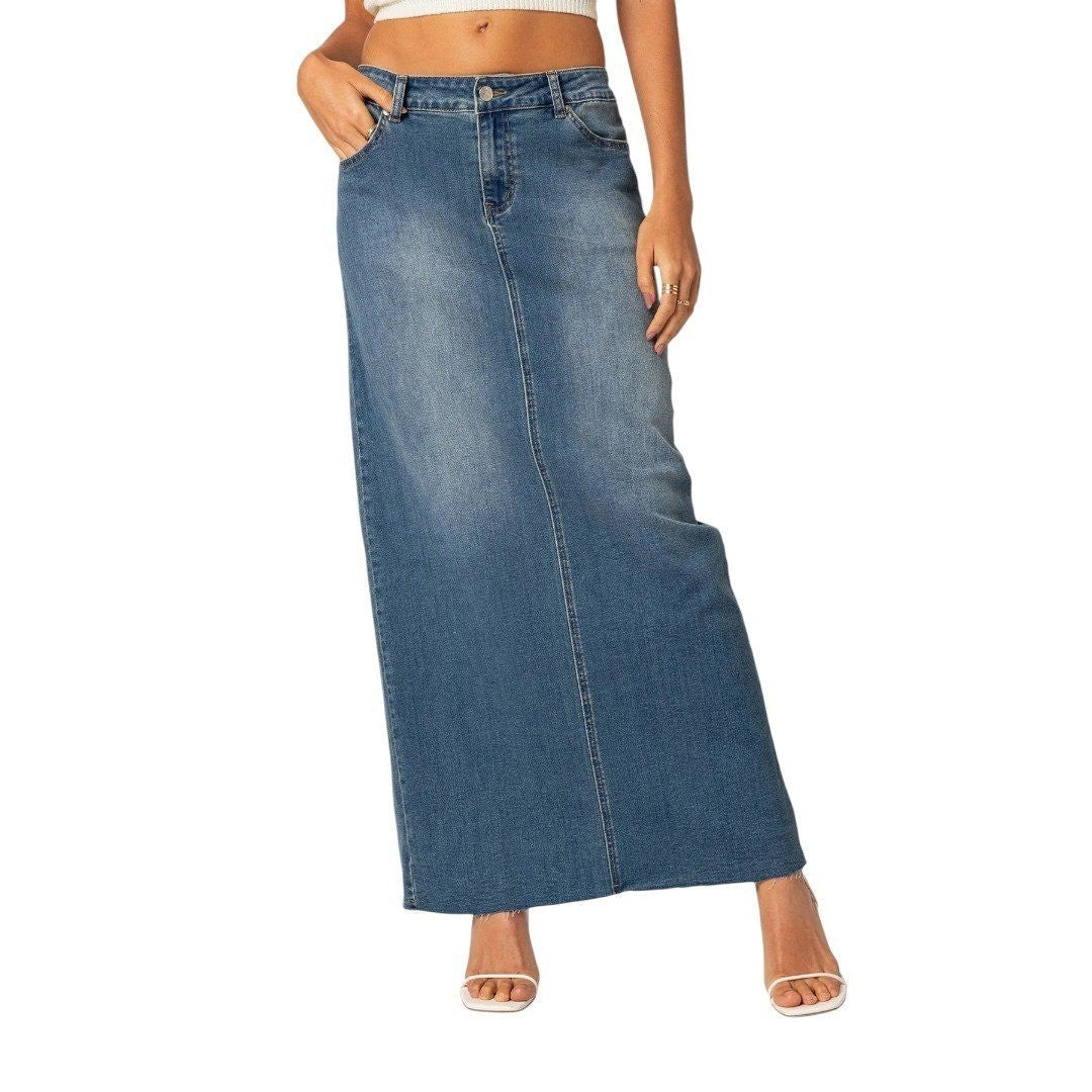 Edikted Elowyn Slitted Denim Maxi Skirt Blue - Haute Poppy
