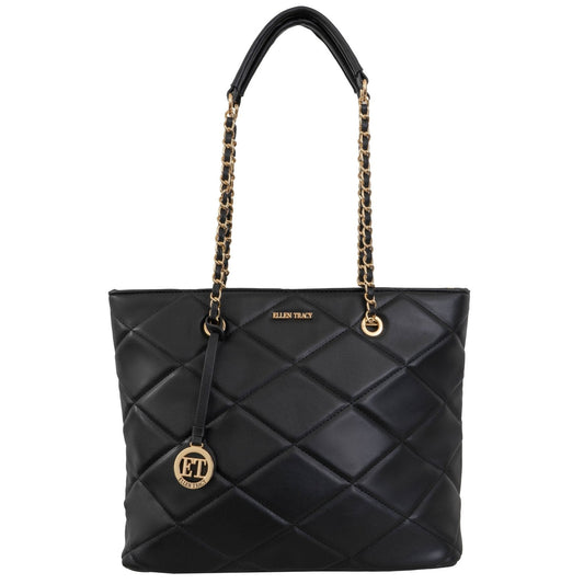 Ellen Tracy Black Smooth Diamond Quilted Tote Bag - Haute Poppy