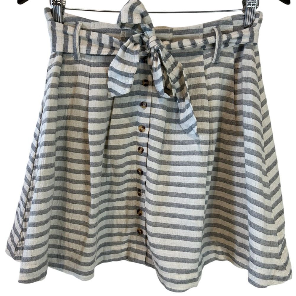 Francesca's Blue Rain Striped Button - Front Skirt with Tie Waist - Haute Poppy