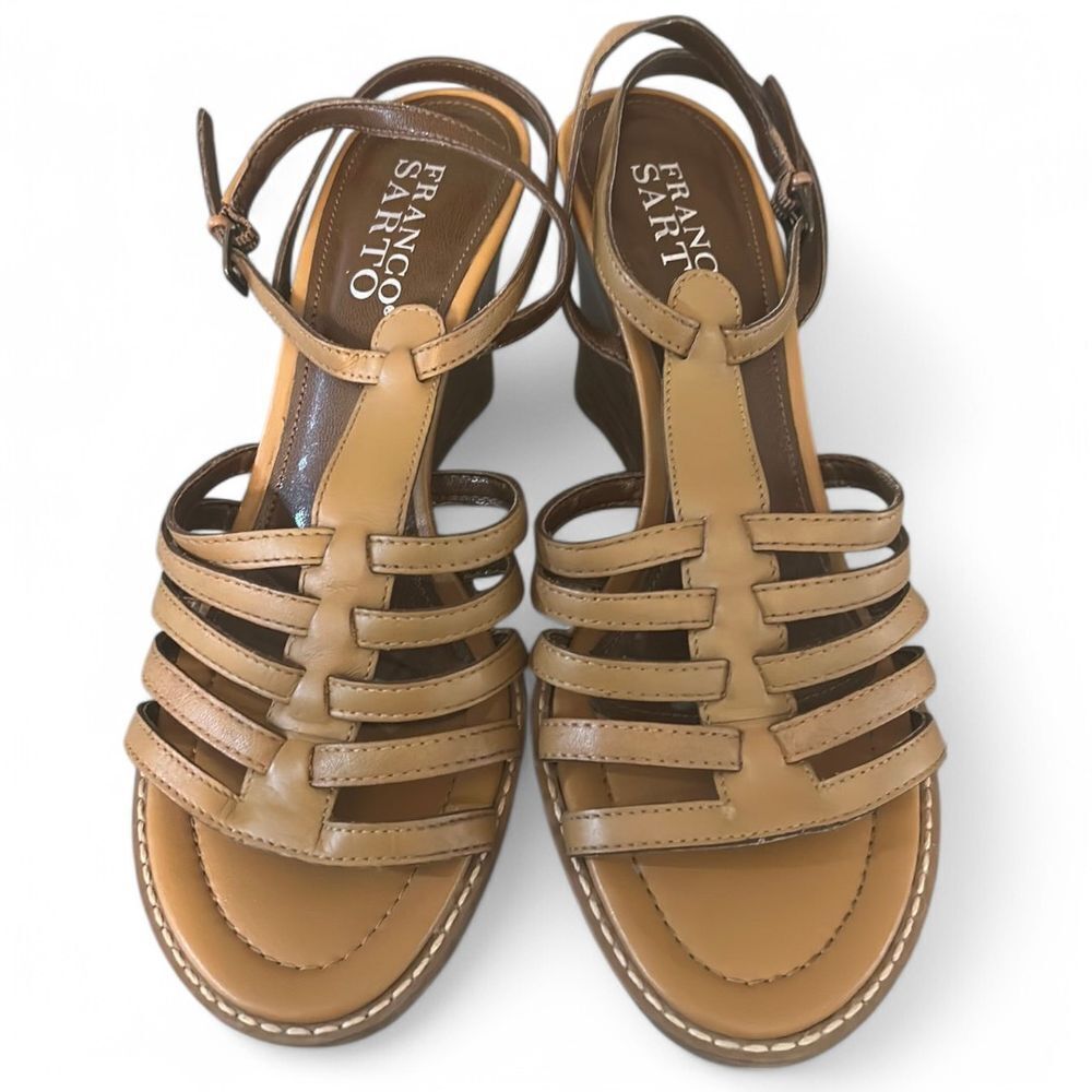 Franco Sarto Tan Leather Strappy Wedge Sandals Summer Casual - Haute Poppy