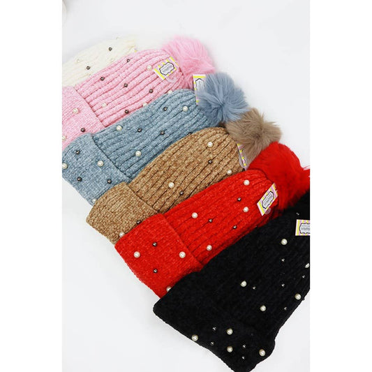 Fur Lined Pom and Pearl Beanies - Haute Poppy