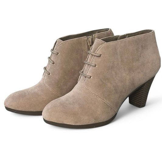 Giani Bernini Taupe Suede Ankle Boots Lace Up Heeled Booties Memory Foam - Haute Poppy