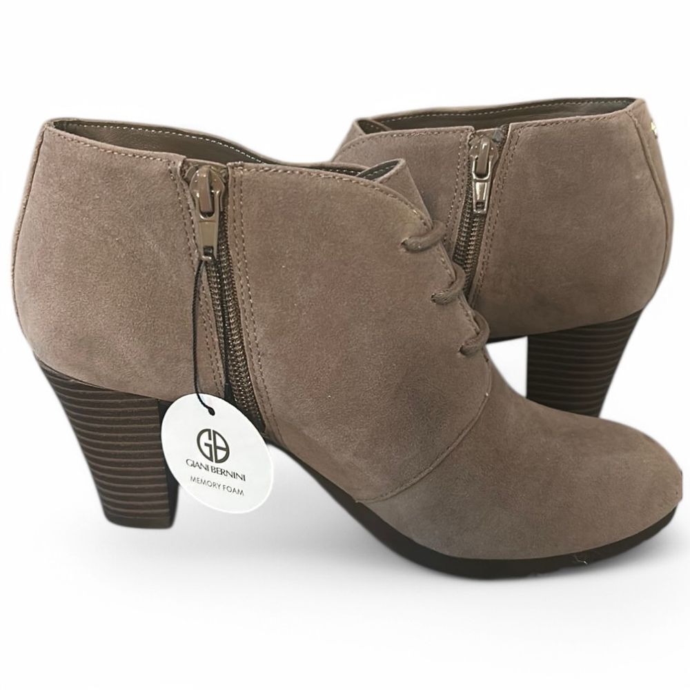 Giani Bernini Taupe Suede Ankle Boots Lace Up Heeled Booties Memory Foam - Haute Poppy