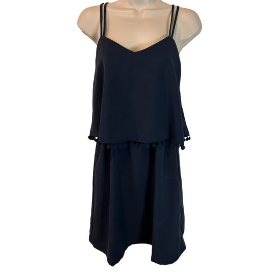 Joy Navy Blue Layered Spaghetti Strap Dress with Pom Pom Trim - Haute Poppy