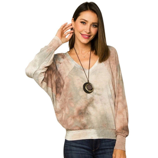 Jupee Tie Dye Dolman Top V - Neck Long Sleeve Pullover Casual Comfy - Haute Poppy