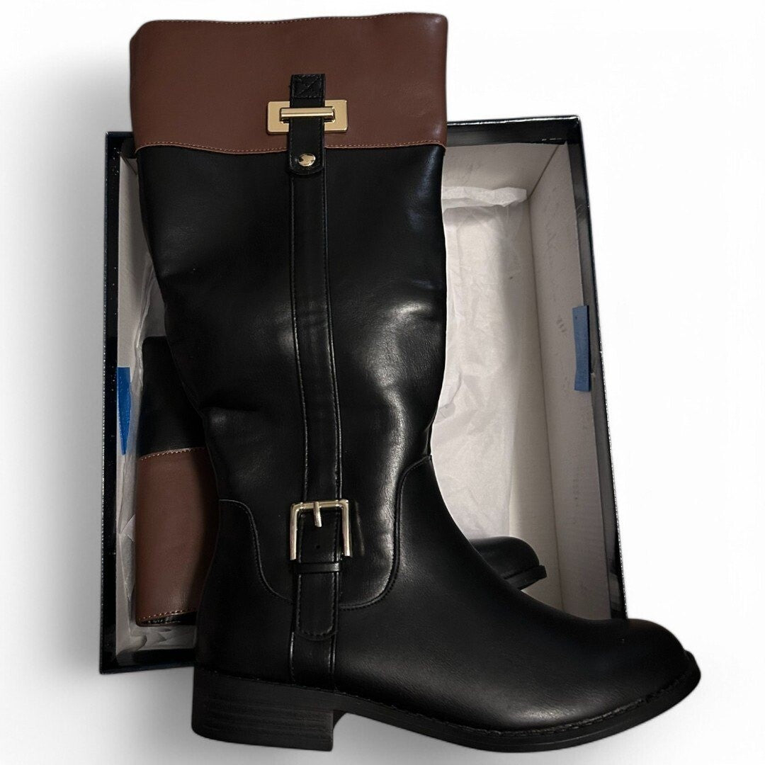Karen Scott Edenn Buckled Riding Boot Black Cognac - Haute Poppy