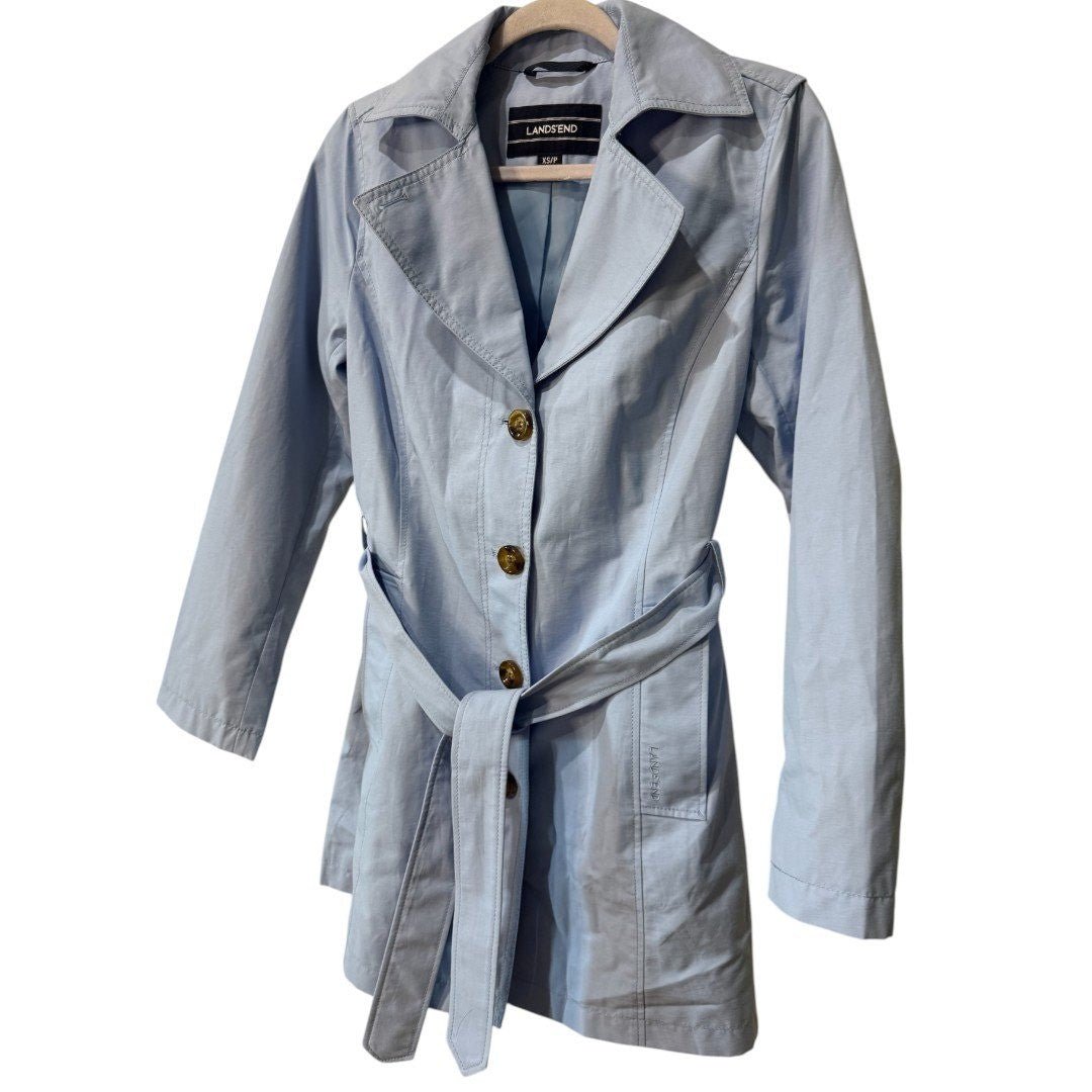Lands' End Trench Coat Belted Collared Classic Rain Coat Light Blue - Haute Poppy