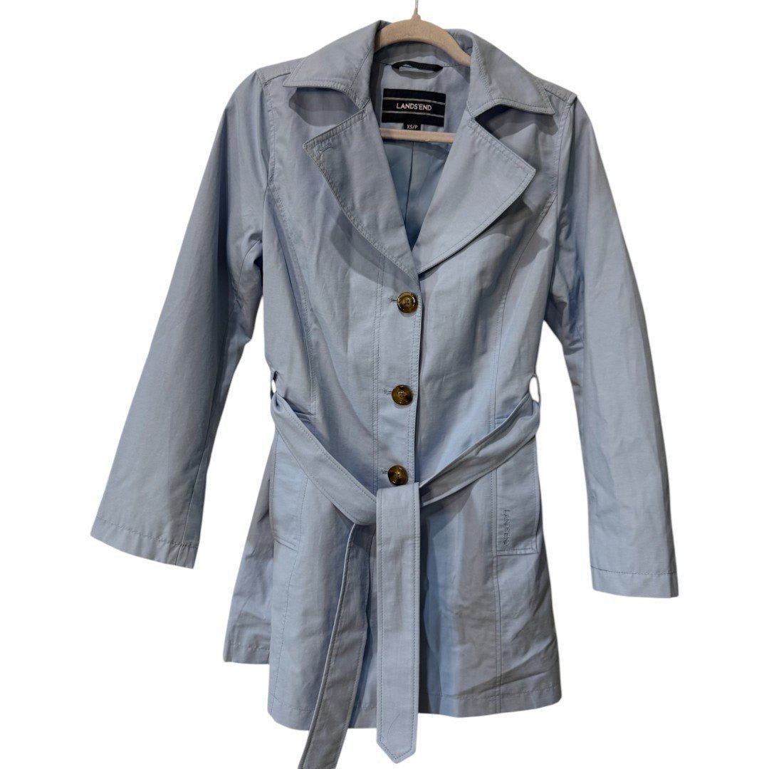 Lands' End Trench Coat Belted Collared Classic Rain Coat Light Blue - Haute Poppy