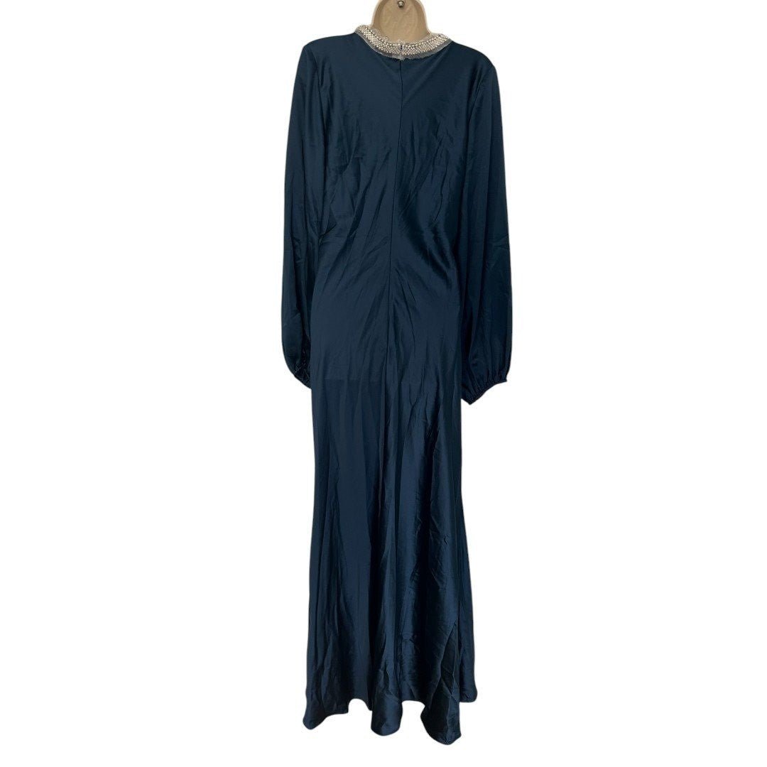 Mac Duggal Ieena Satin Long Bishop Sleeve Sapphire 12R - Haute Poppy