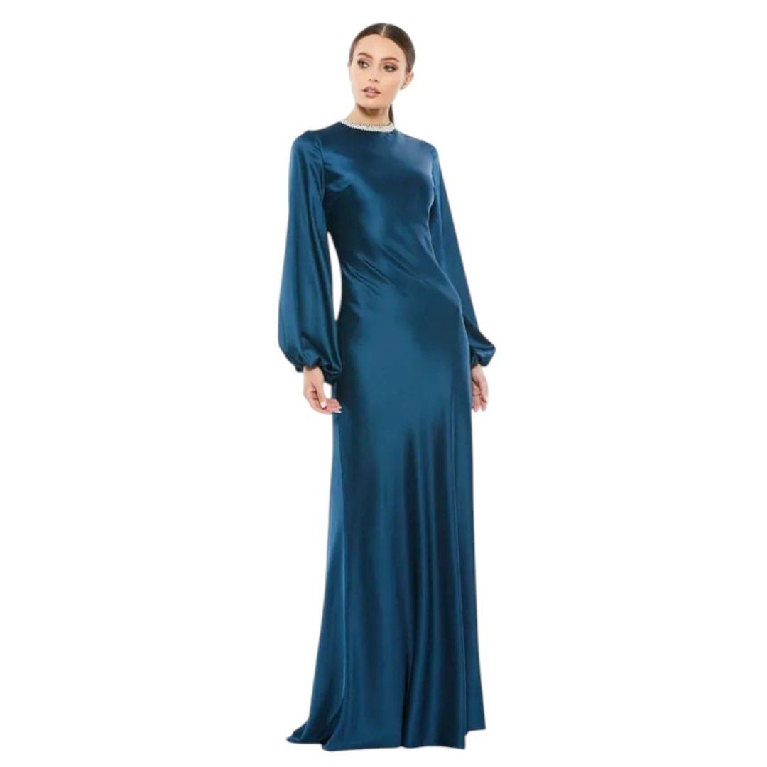Mac Duggal Ieena Satin Long Bishop Sleeve Sapphire 12R - Haute Poppy