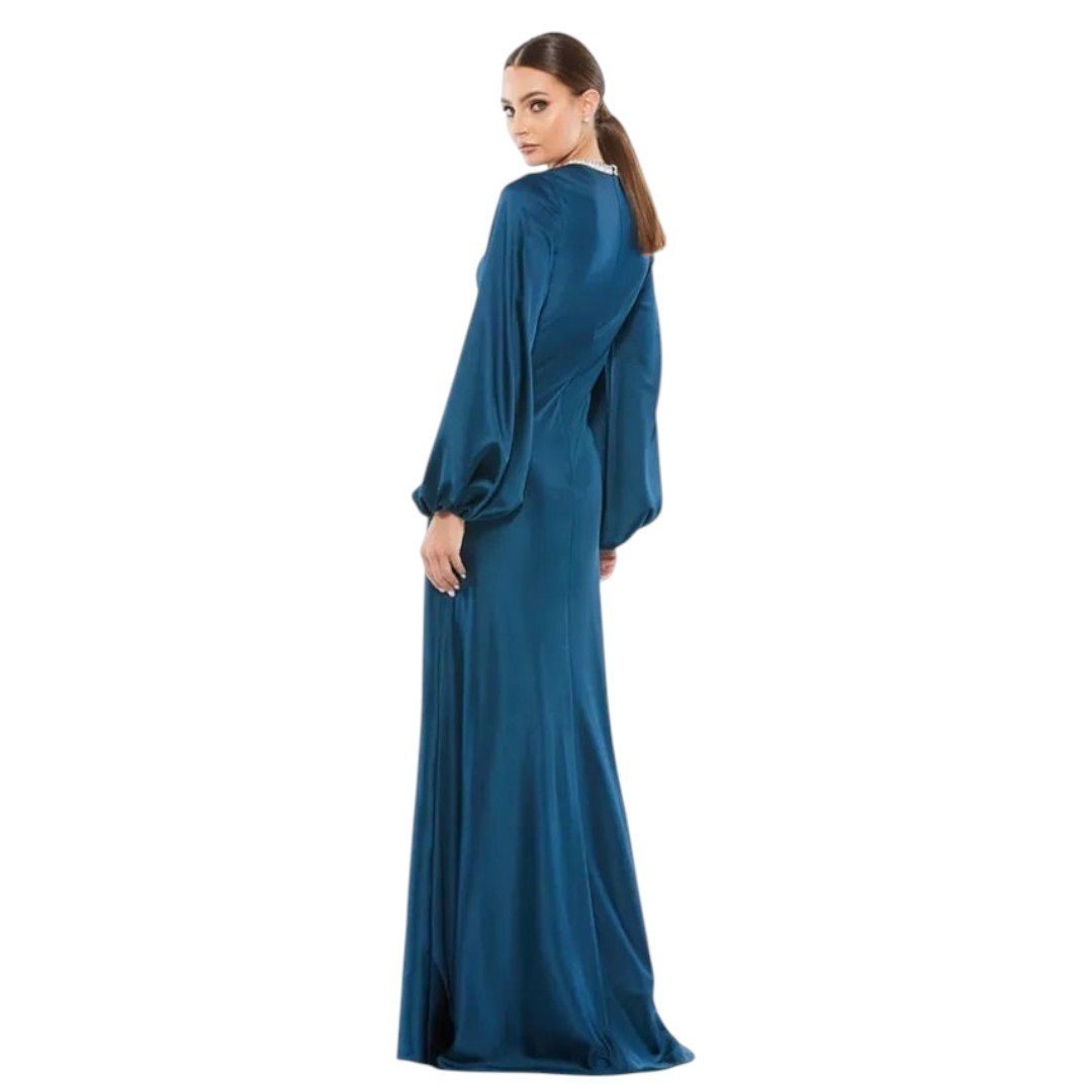 Mac Duggal Ieena Satin Long Bishop Sleeve Sapphire 12R - Haute Poppy