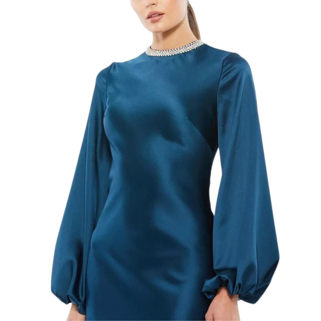 Mac Duggal Ieena Satin Long Bishop Sleeve Sapphire 12R - Haute Poppy