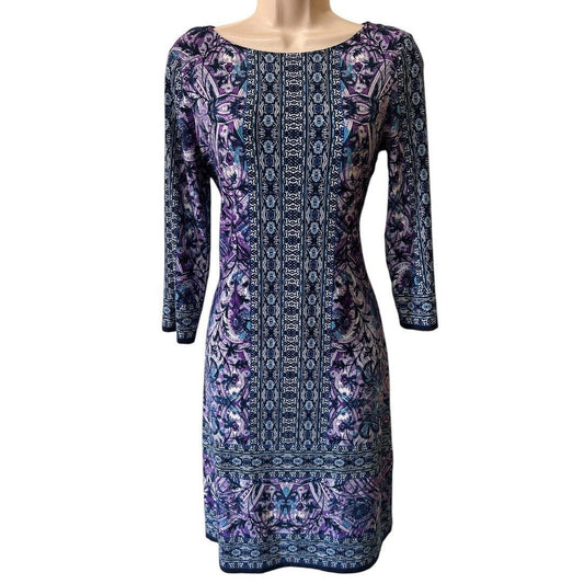 Maggy London Dress Sheath Paisley Print 3/4 Sleeve Career Purple Blue - Haute Poppy