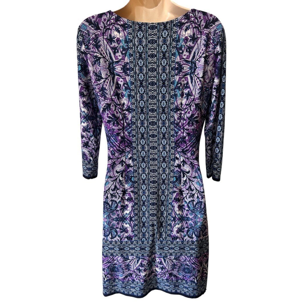 Maggy London Dress Sheath Paisley Print 3/4 Sleeve Career Purple Blue - Haute Poppy