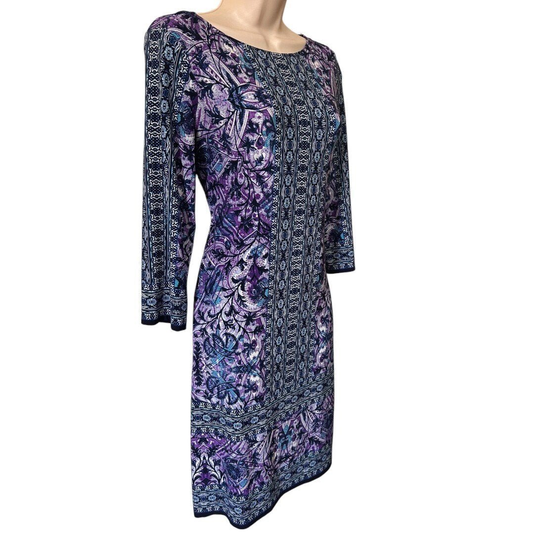 Maggy London Dress Sheath Paisley Print 3/4 Sleeve Career Purple Blue - Haute Poppy