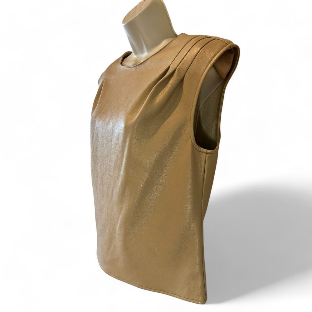 Marc New York Beige Faux Leather Sleeveless Top Elegant Blouse - Haute Poppy