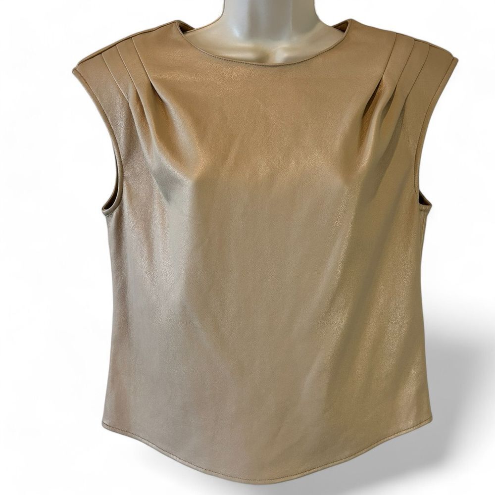 Marc New York Beige Faux Leather Sleeveless Top Elegant Blouse - Haute Poppy
