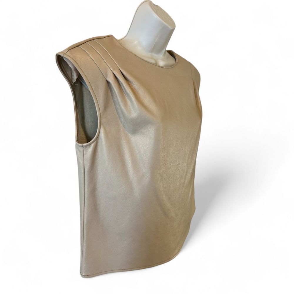 Marc New York Beige Faux Leather Sleeveless Top Elegant Blouse - Haute Poppy