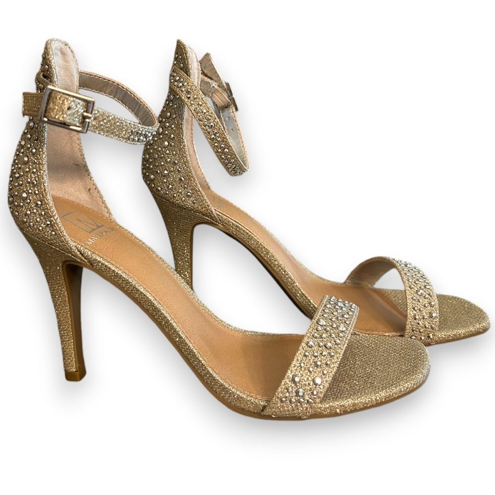 Material Girl Glittery Gold Ankle Strap Sandals Rhinestone Embellished Heels - Haute Poppy