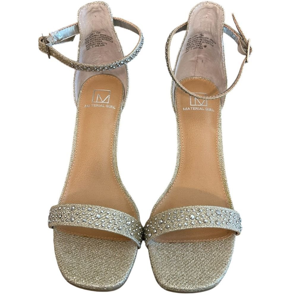 Material Girl Glittery Gold Ankle Strap Sandals Rhinestone Embellished Heels - Haute Poppy
