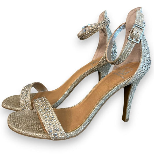 Material Girl Glittery Gold Ankle Strap Sandals Rhinestone Embellished Heels - Haute Poppy
