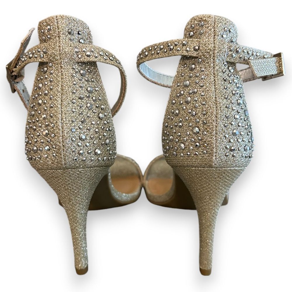 Material Girl Glittery Gold Ankle Strap Sandals Rhinestone Embellished Heels - Haute Poppy