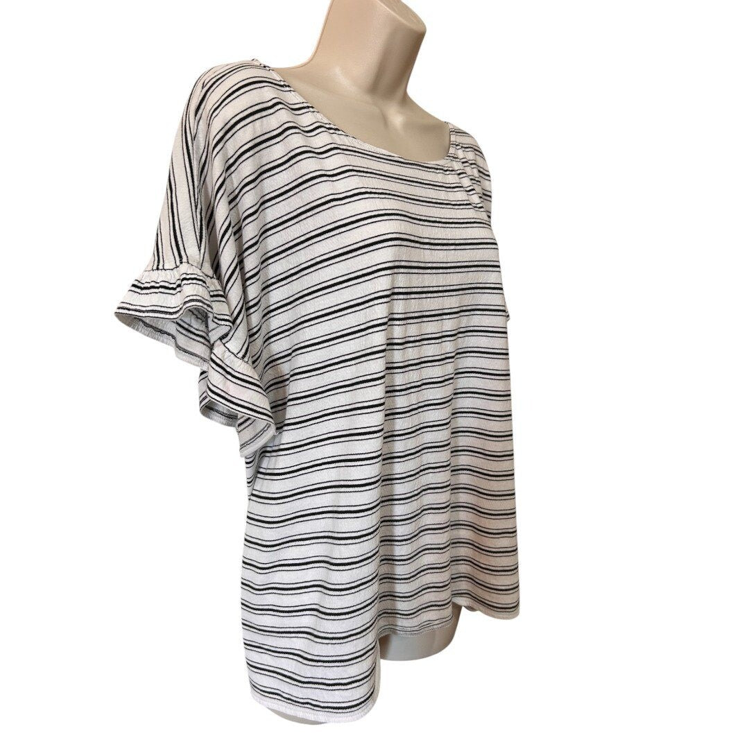 Max Studio Striped Knit Top Ruffle Sleeve Casual Blouse - Haute Poppy