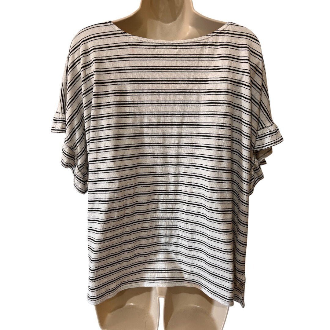 Max Studio Striped Knit Top Ruffle Sleeve Casual Blouse - Haute Poppy