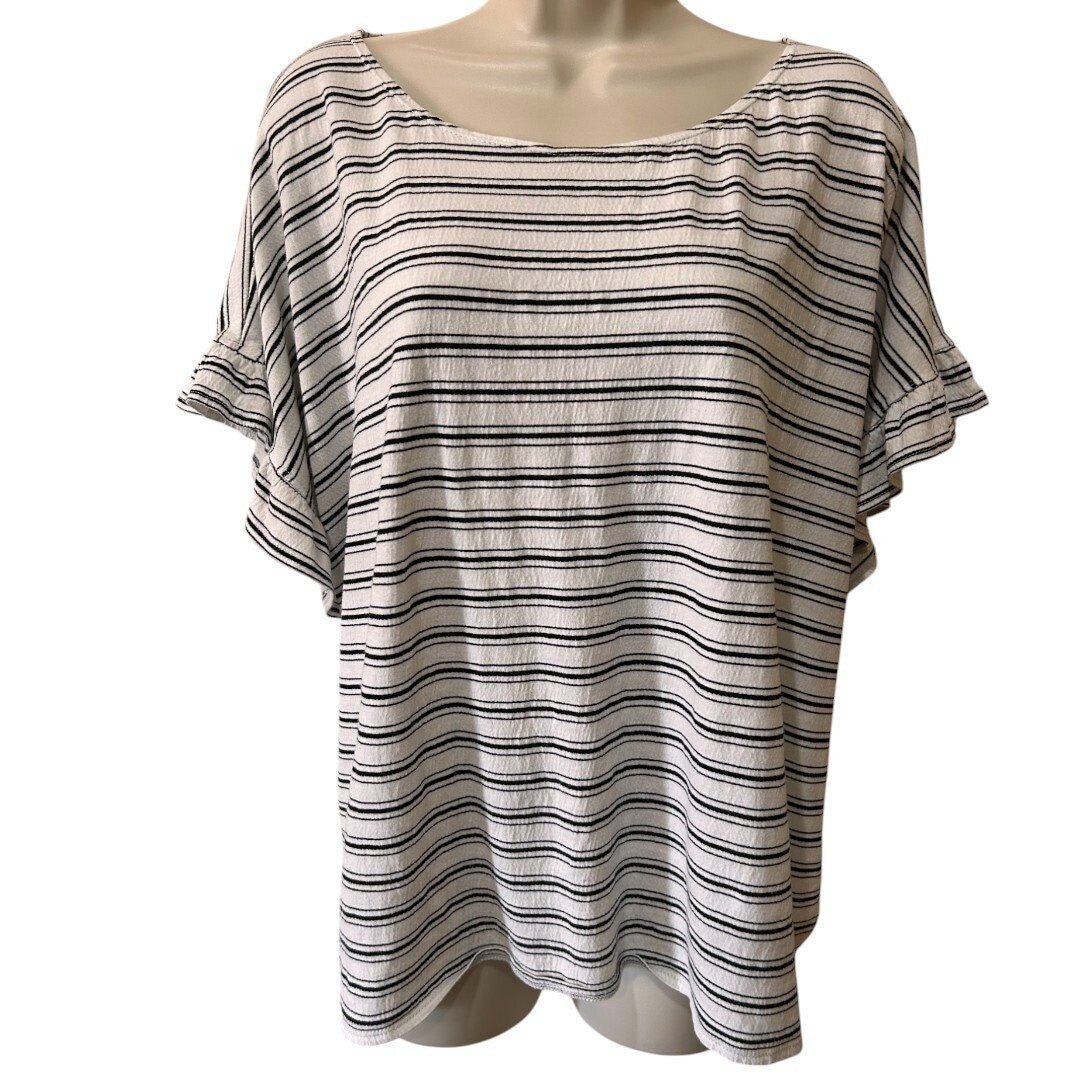 Max Studio Striped Knit Top Ruffle Sleeve Casual Blouse - Haute Poppy