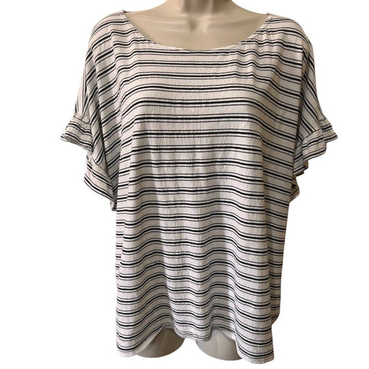 Max Studio Striped Knit Top Ruffle Sleeve Casual Blouse - Haute Poppy