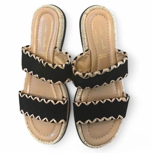 Mila Paoli Genuine Leather Sandals Double Strap Whipstitch Trim Slides - Haute Poppy