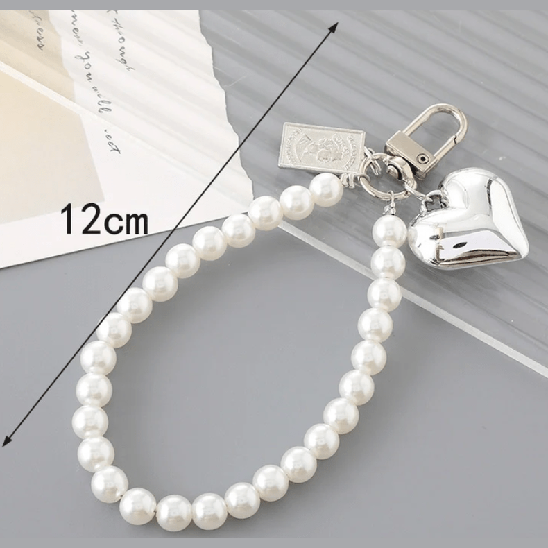 Pearl Bag Charm Key Chain with Silver Puffy Heart - Haute Poppy