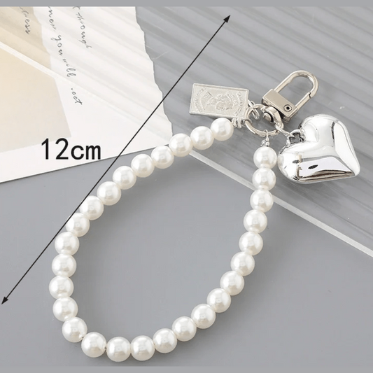 Pearl Bag Charm Key Chain with Silver Puffy Heart - Haute Poppy