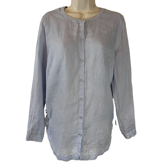 Peck & Peck Light Gray 100% Linen Button Down Shirt Side Tie Detail - Haute Poppy