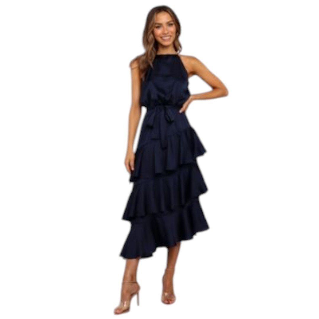 Petal and Pup Seychelles Navy Blue Ruffle Tiered Midi - Haute Poppy