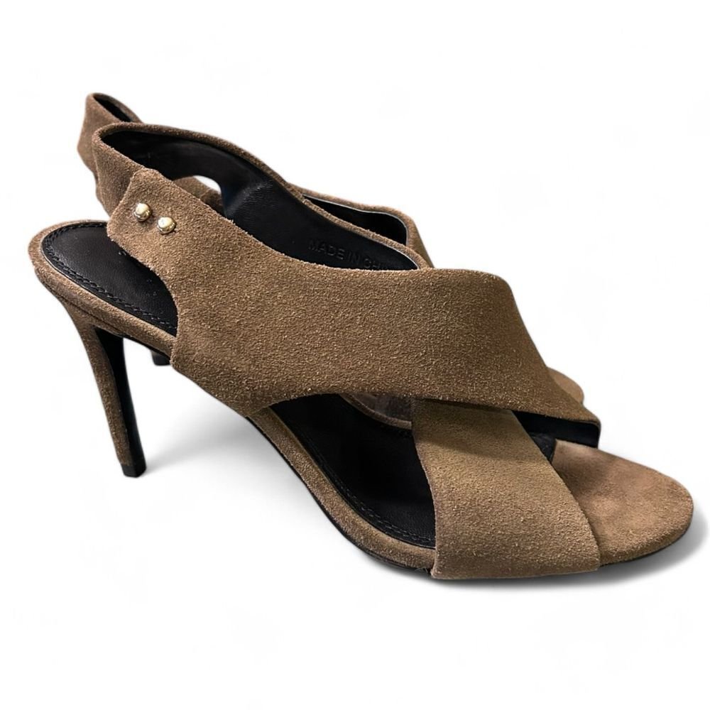 Sandro Olive Green Suede Crossover Slingback Stiletto Heels with Gold Studs - Haute Poppy