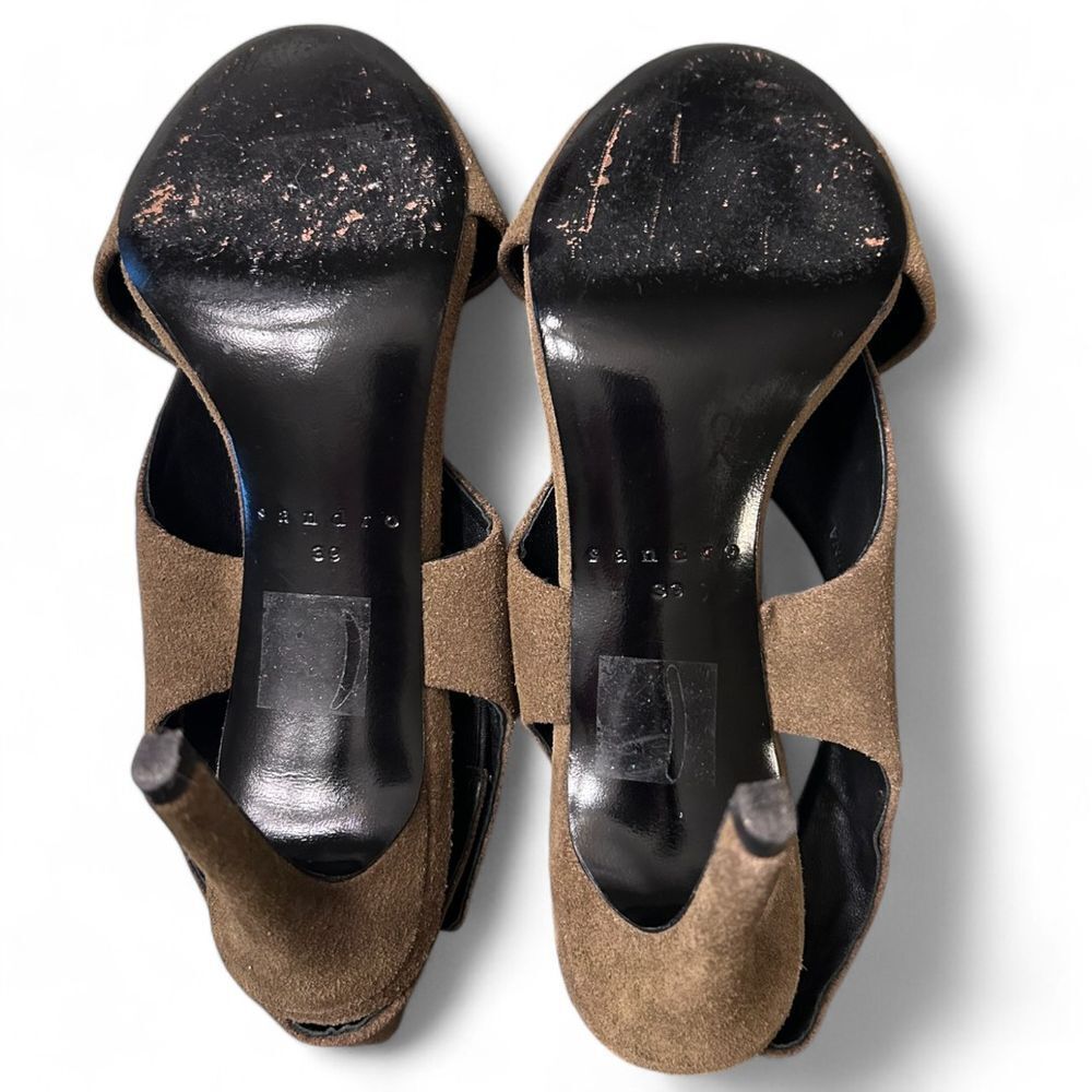 Sandro Olive Green Suede Crossover Slingback Stiletto Heels with Gold Studs - Haute Poppy