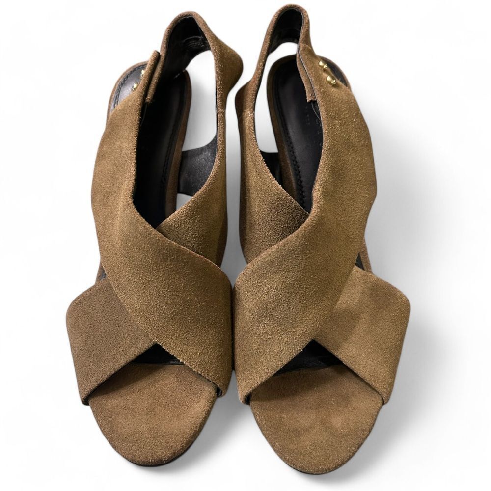 Sandro Olive Green Suede Crossover Slingback Stiletto Heels with Gold Studs - Haute Poppy