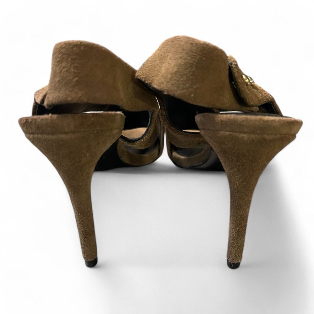 Sandro Olive Green Suede Crossover Slingback Stiletto Heels with Gold Studs - Haute Poppy