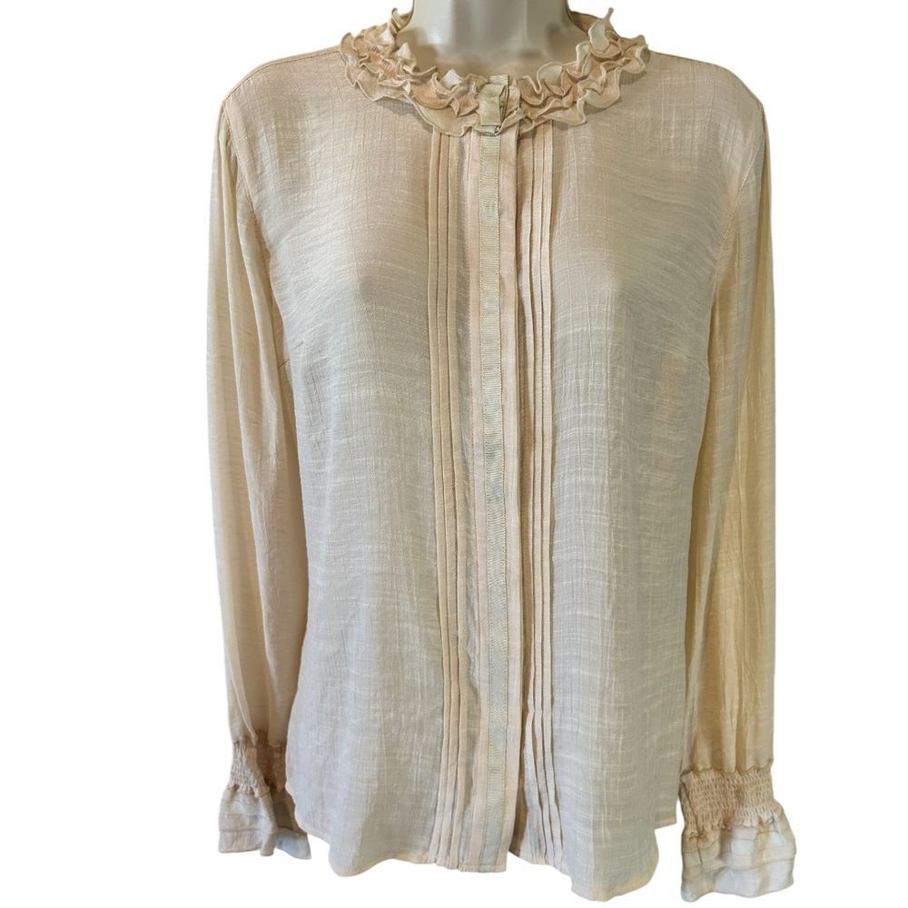 Spanner Tapestry Light Beige Ruffled Collar Blouse Elegant Long Sleeve Top - Haute Poppy