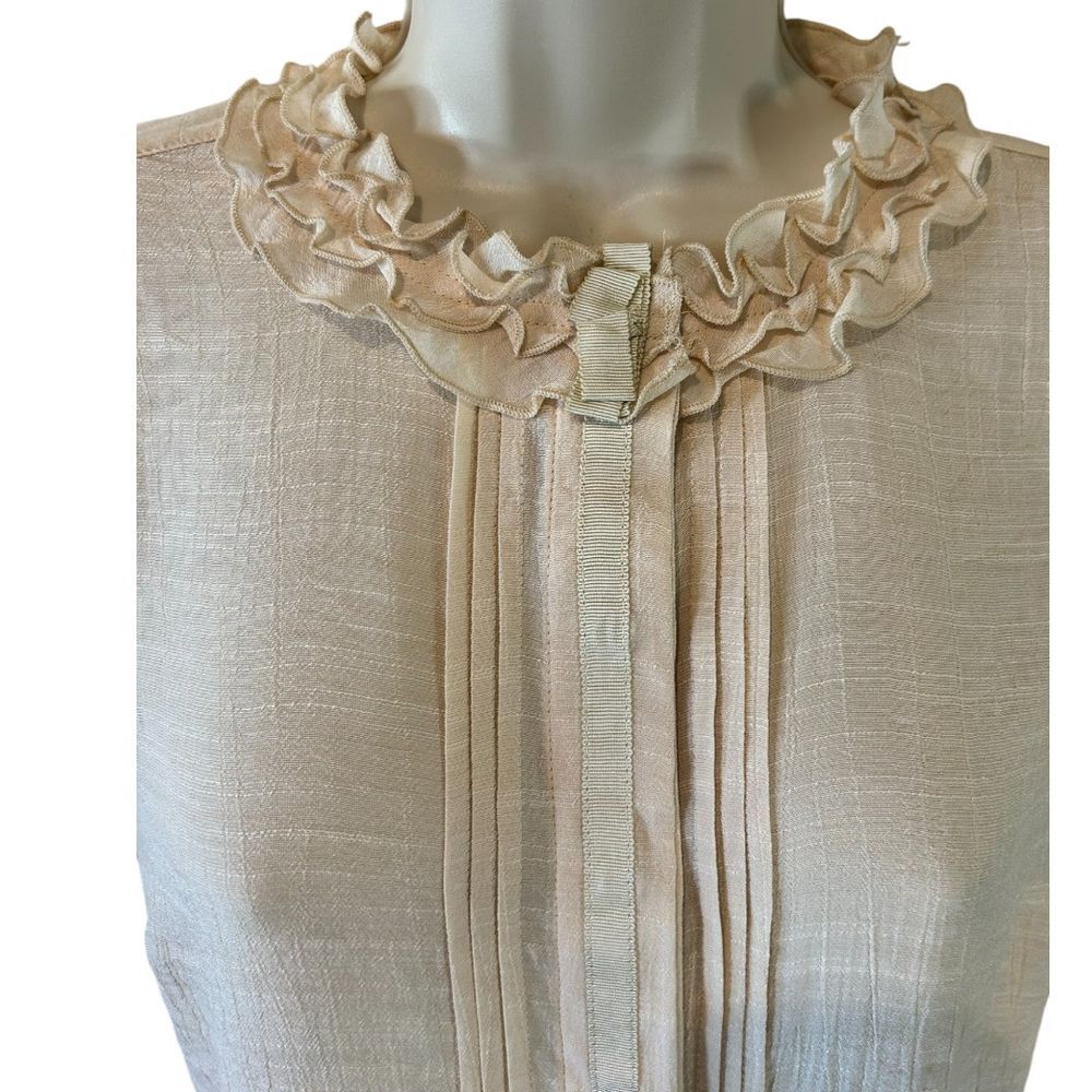 Spanner Tapestry Light Beige Ruffled Collar Blouse Elegant Long Sleeve Top - Haute Poppy